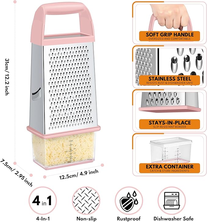Urbanstrive Cheese Grater With Container, Professional Cheese Grater with Handle, Stainless Steel Graters for Kitchen Handheld, Box Grater with 4 Sides for Vegetables, Ginger, Potatoes (Pink)