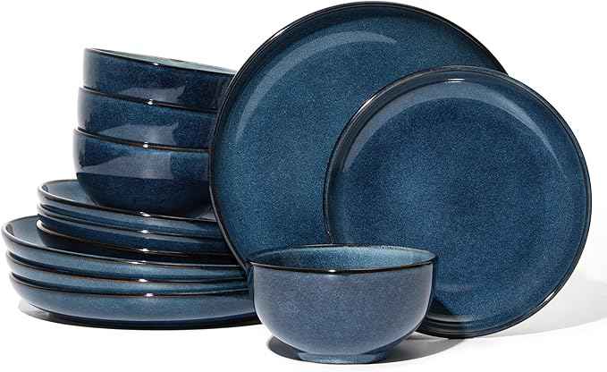 Stoneware Dinnerware Sets Service for 4, 12 pcs Reactive Glaze Plates and Bowls Sets, Handmade Ceramic Dish Set, Highly Chip and Crack Resistant Modern Plate Set, Starry Blue