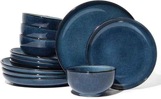 Stoneware Dinnerware Sets Service for 4, 12 pcs Reactive Glaze Plates and Bowls Sets, Handmade Ceramic Dish Set, Highly Chip and Crack Resistant Modern Plate Set, Starry Blue