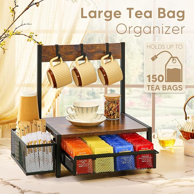 DGWJSU Tea Bag Organizer, Wood Tea Organizer and Storage Cheast, Tea Bag Holder with Storage Drawer, 4 Hooks for Tea Cups Holder, Tea Station Chest Display Container Box for Countertop Kitchen