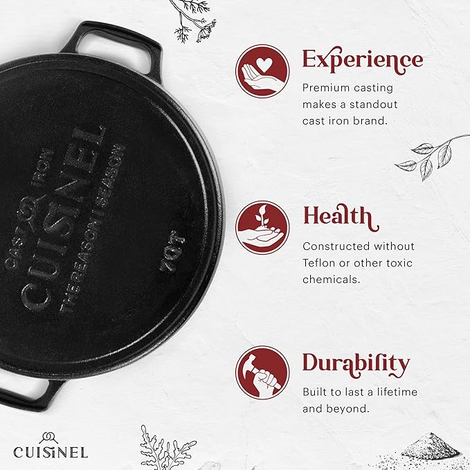 Cuisinel 7-Quart Cast Iron Dutch Oven + Pan Scraper + Silicone Handle Grips - 2-in-1 Pot+Pan Combo Skillet - Pre-Seasoned Indoor/Outdoor Cookware + Instruction & Care Booklet
