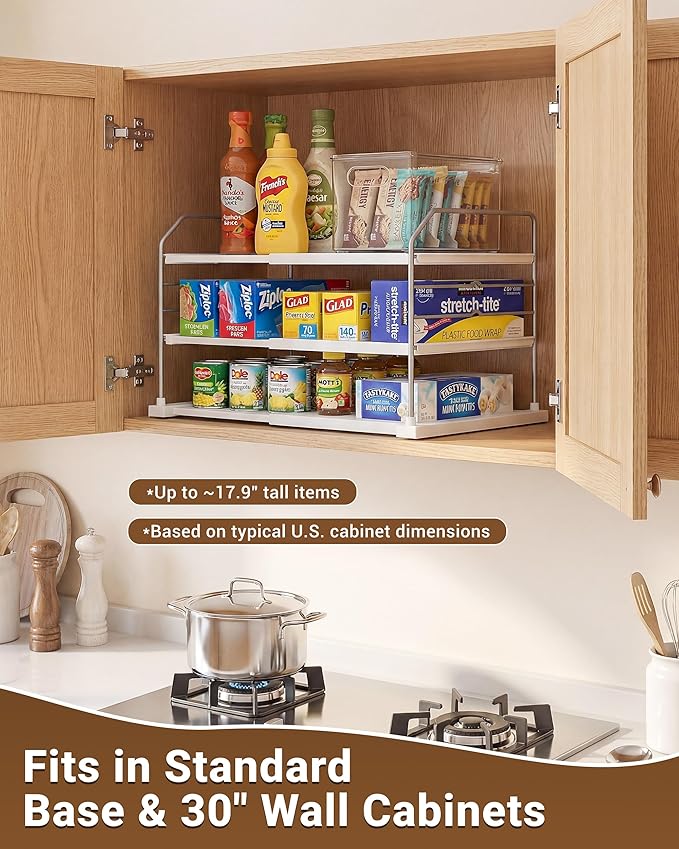 EVERIE Extendable 3-Tier Kitchen Cabinet & Pantry Organizer for Plastic Wrap, Foil & Storage Bags, Adjustable Heavy Duty Shelf Rack for Wrap Boxes, Jars & Snack Boxes (11–16.7 in Wide), Pack of 2