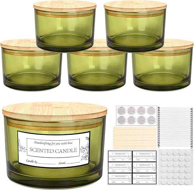 CONNOO 24oz Olive Green Candle Jars 6 Pack, Multi-Wick Wide Mouth Empty Glass Containers for Making Candles with Airtight Bamboo Lids, Sticky Warning Labels, Wick Kit - Dishwasher Safe