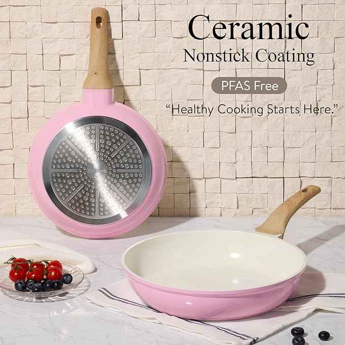 CAROTE Ceramic Cookware Set, 14 PCS Pots and Pans Set Non Stick, Pot and Pan Set with Frying pan, Induction Ready Cooking Set for Kitchen, PFOS/PFOA/PFAS Free, Pink