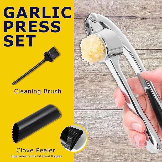 Premium Garlic Press Stainless Steel - Elevate Your Culinary Experience with Our Premium Garlic Mincer, Crusher & Peeler Set, Dishwasher Safe & Rust-proof (Silver)