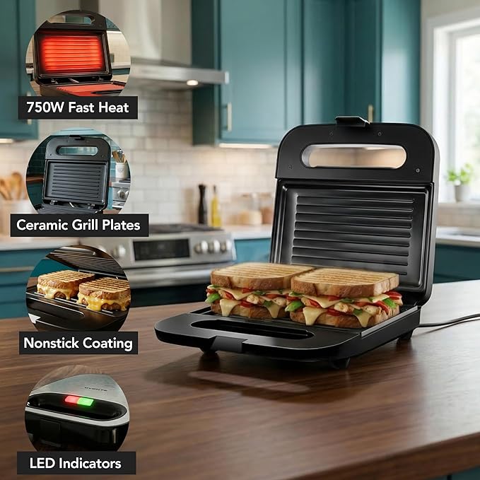 OVENTE Electric Panini Press Grill with Nonstick Plates, LED Indicator Lights, Thermostat Control, Cool Touch Handle, Compact Sandwich Maker Perfect for Cooking Breakfast, Snacks & More, Black GP0401B