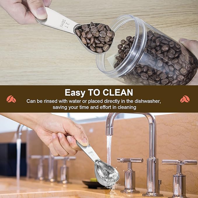 Safring Stainless steel coffee scoop 2-piece set (1 tbsp, 2 tbsp) durable Tablespoon, ergonomic measuring spoon, Suitable for small and large jars，short-handled spoon (Silver)