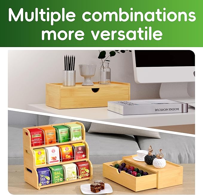 Bamboo Tea Bag Organizer for Coffee Bar, 4 Tier Modular Tea Organizer with Drawer, Large Capacity Tea Storage Box, Stackable Tea Station Organizer, No Assembly, Kitchen Counter