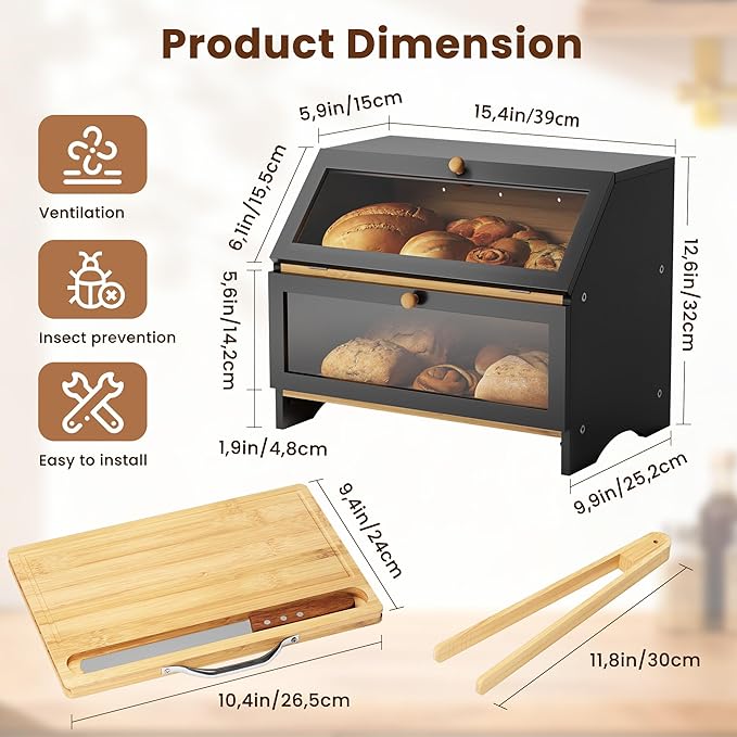 MAISONPEX Double Layer Bamboo Bread Box for Kitchen Countertop, Large Capacity, Cutting Board, Stainless Steel Bread Knife, Double Layer Storage Container with Clear Windows, Black