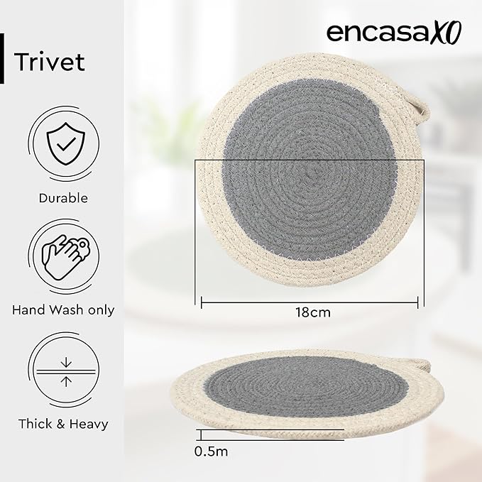 Encasa XO Round Trivet Mats for Hot Dishes with Hanging Loop | Grey Combo - Set of 6 with 7 inch Diameter | Cotton Round Thick Heat Resistant Pot Holders | Use Hot Pads Plate Mats for Hot Pots & Pans