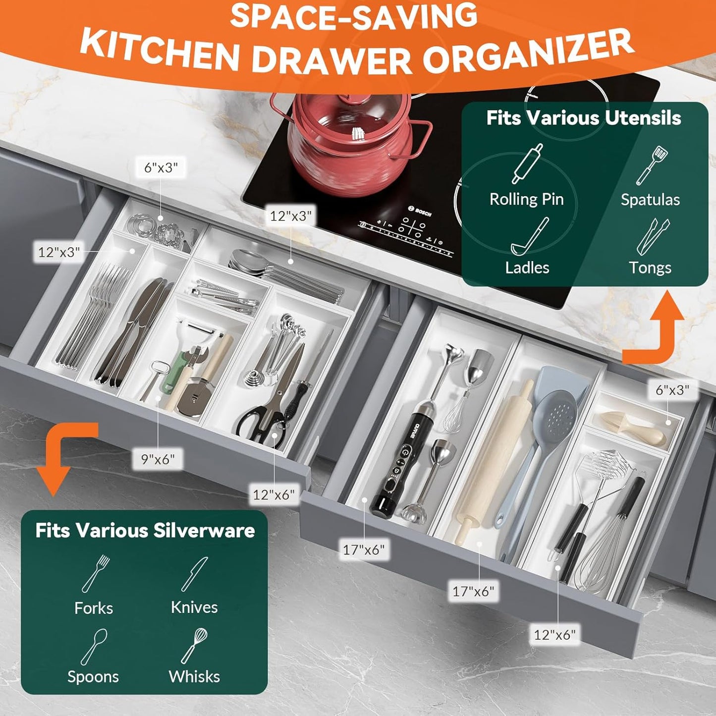 Bamboo Drawer Organizer, Small Silverware Organizer for Kitchen Drawer, Stackable Utensil Organizer, 2 Pcs Flatware Organizer Wooden Storage Box Tray (White, 6 X 3 X 2 Inch)