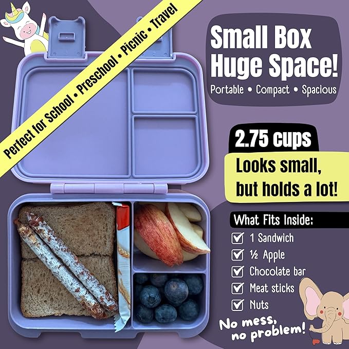 BEARFOOT Kids Lunch Box with Compartments – Compact & Lightweight | Leak-Proof, BPA-Free, Dishwasher & Microwave Safe | Hand-Drawn Design for Preschool, School, Travel (Sticker Purple, 2.75 Cups)