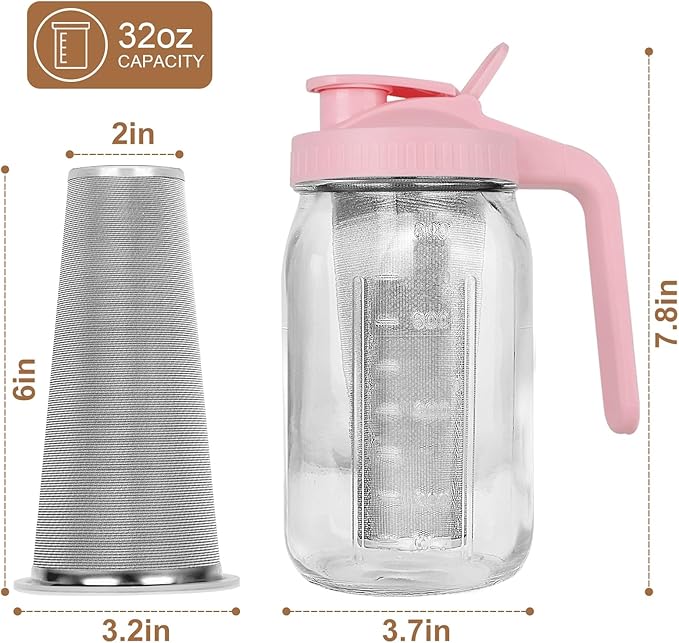 Cold Brew Coffee Maker,32 oz Mason Jar Pitcher with Stainless Steel Filter, Pour Spout Handle Lid, Heavy Duty Glass Airtight & Leak-Proof for Iced Coffee Tea Breastmilk Lemonade-Pink