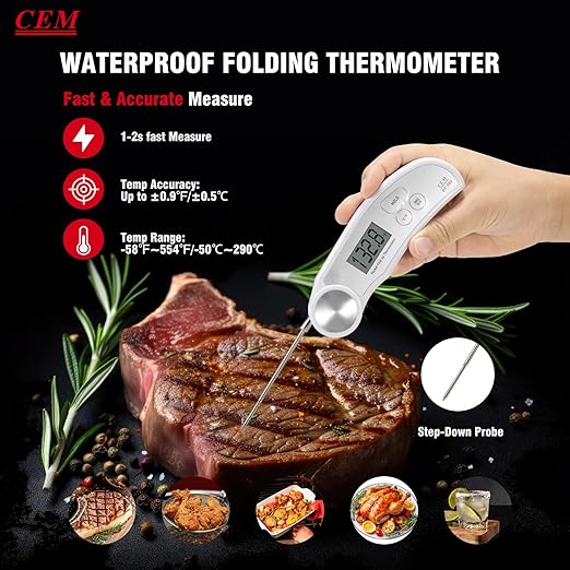 CEM Professional 3X Faster 0.5sec Instant Read Meat Thermometer Digital, High Accuracy ±0.5°F, IP67 Waterproof, 5.9" with Ambidextrous Instant Read Thermometer Backlight Fry Oil Candy Thermometer