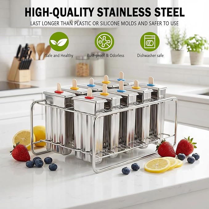 Popsicle Molds Set 10 Pieces Stainless Steel Popsicle Maker, Homemade Popsicle Molds with 100 Sticks, 20 Bags, 22 Silicone Seals, 1 Cleaning Brush & 1 Stand, Ice Pop Mold Maker for Kids (Square)