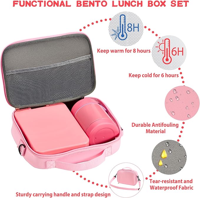 Bento Lunch Box Set for Kids with 10oz Soup Thermo, Leak-Proof Lunch Containers with 4 Compartment, Kids Thermo Hot Food Jar and Insulated Lunch Bag for Kid to School,BPA-Free(Pink)