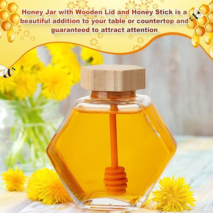 Sunnyray 8 Pcs Glass Honey Jars with Dipper Hexagonal Clear Glass Dispenser Small Honey Containers Bottle with Wooden Dipper and Cork Lid for Home Storage Kitchen (220 ml)