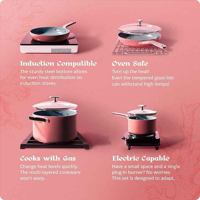 Premium Non-Toxic Ceramic Cookware Set – Triple-Layer Nonstick 12 Piece Pots and Pans with Lids, PFAS-Free, Oven Safe for Healthy Meals, Space-Saving Design, Coral Pink Color | Greater Goods