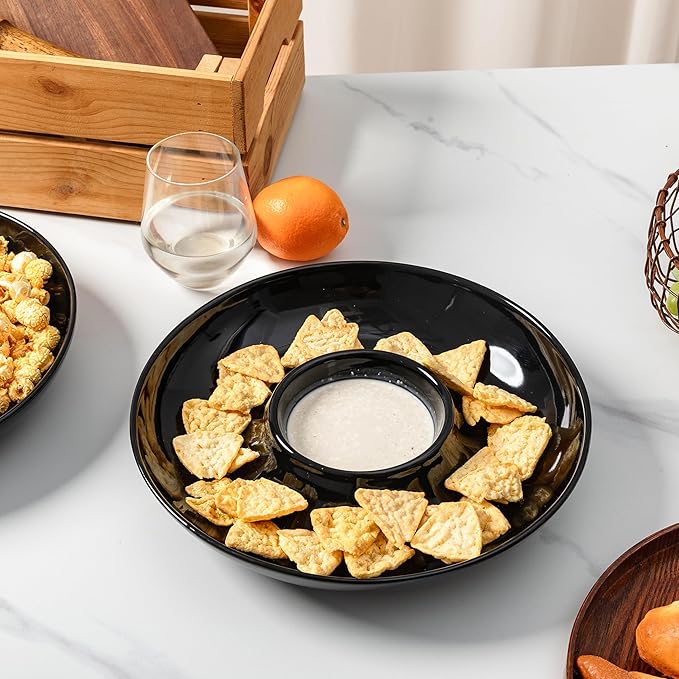 LEHAHA Ceramic Chip and Dip Serving Set, 12 Inch Large Divided Bowls Set for Salsa, Veggies, Dip, Appetizers, Snacks, Candy, Fruits-Relish Trays for Parties and Entertaining, Black