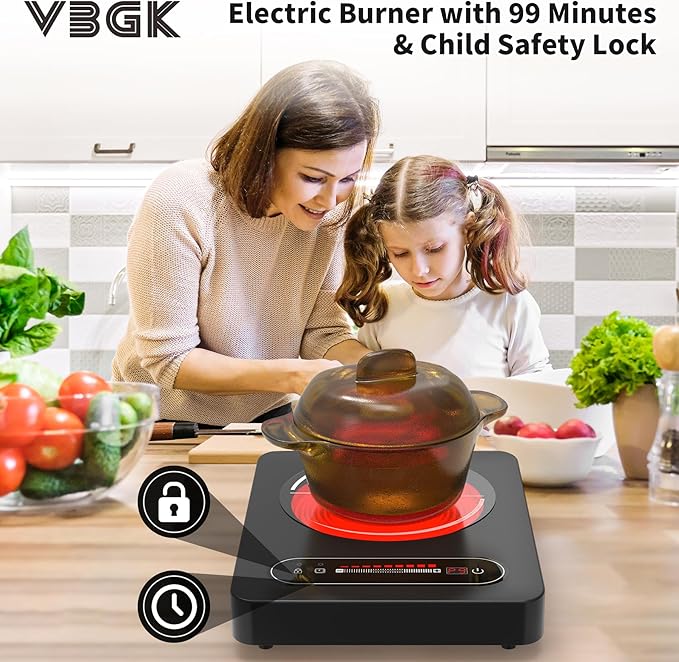 VBGK Single Burner Electric Cooktop,110V 1800W Electric Stove Top with LED Touch Control,10 Power Levels, 4 hTimer, Safety Lock,single burner cooktop Overheat protection