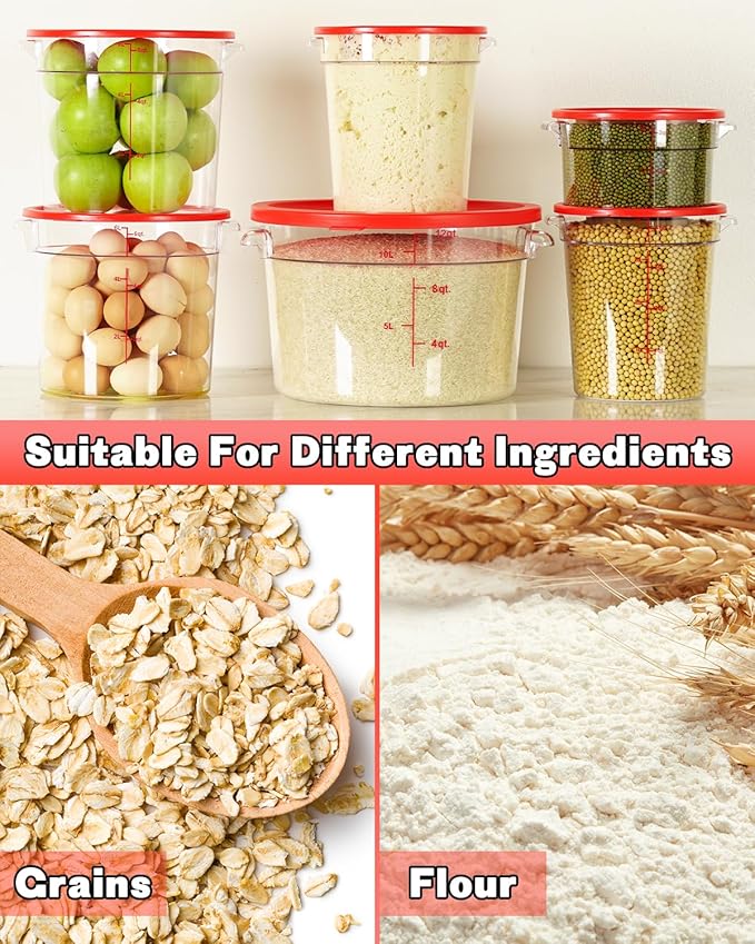 6QT NSF Round Food Storage Containers with Lids: 4 PCS [Total Food Grade][Hot&Cold Resistant] Dough Proofing Container for Pizza, Bread with Measuring Spoons Included(BPA FREE) (RED)