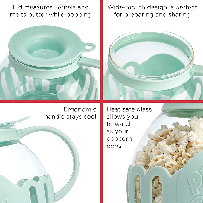 Ecolution Patented Micro-Pop Microwave Popcorn Popper with Temperature Safe Glass, 3-in-1 Lid Measures Kernels and Melts Butter, Made Without BPA, Dishwasher Safe, 3-Quart, Aqua