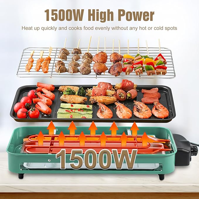 1500W Electric Indoor Grill, 2 in 1 Electric Griddle Nonstick with Grill Net & Removable Plate, 5 Adjustable Temperature Control Portable Korean BBQ Grill with 3 Small Trays