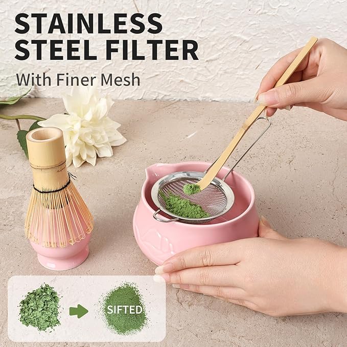 8 Pcs Matcha Whisk Set with Ceramic Bowl, Scoop Rest, Sifter, Tea Mat, Greeting Card, Whisk Holder, Bamboo Whisk and Scoop, Perfect Present for Friend Family Matcha Tea Lovers, Ceremony Kit