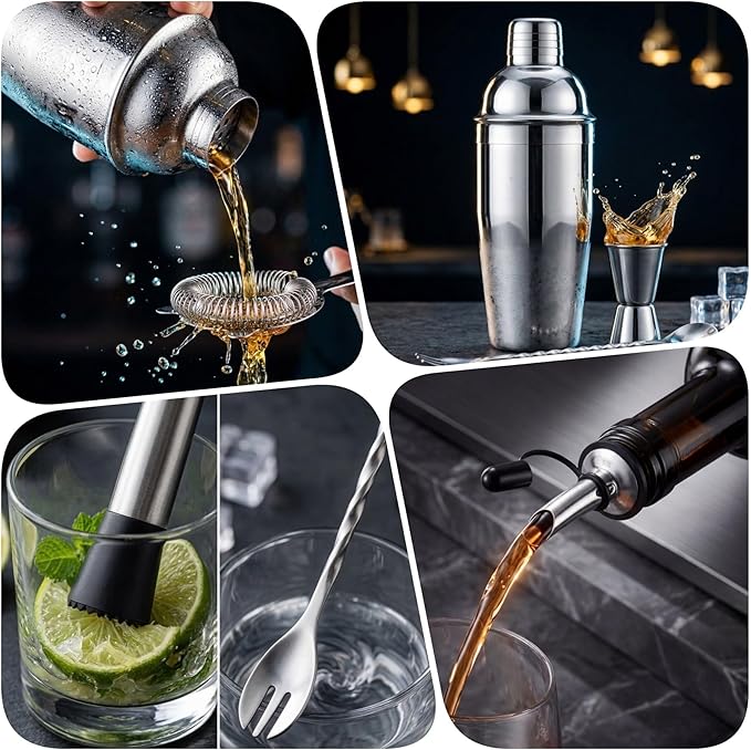 Cocktail Shaker Set Bartender Kit,Professional Bar Set, Martini Shaker, Jigger, Strainer, Mixer Spoon, Muddler, Liquor Pourers Ideal Bar Accessories for Home, Gift for Christmas, Birthday, Beginners