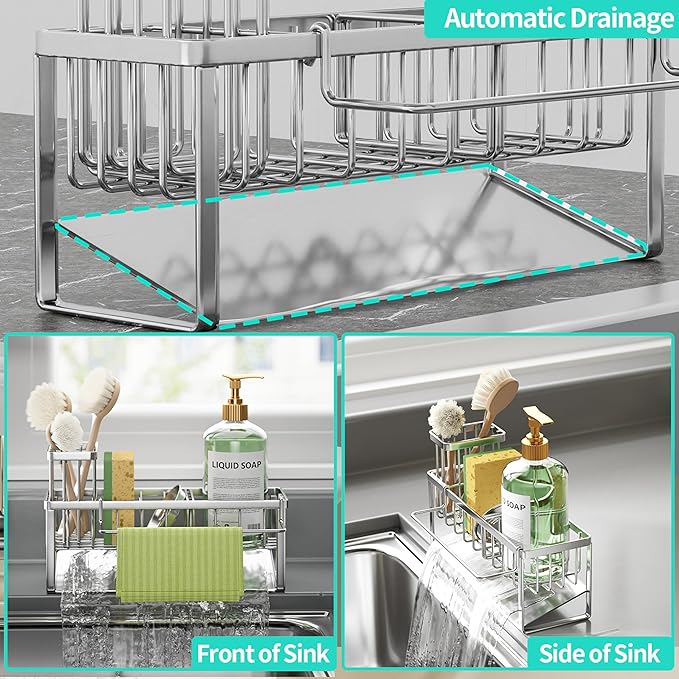 HapiRm Sponge Holder for Kitchen Sink - Self-draining Sink Caddy with Brush and Dishcloth Holders with Sloping Drainage - Silver
