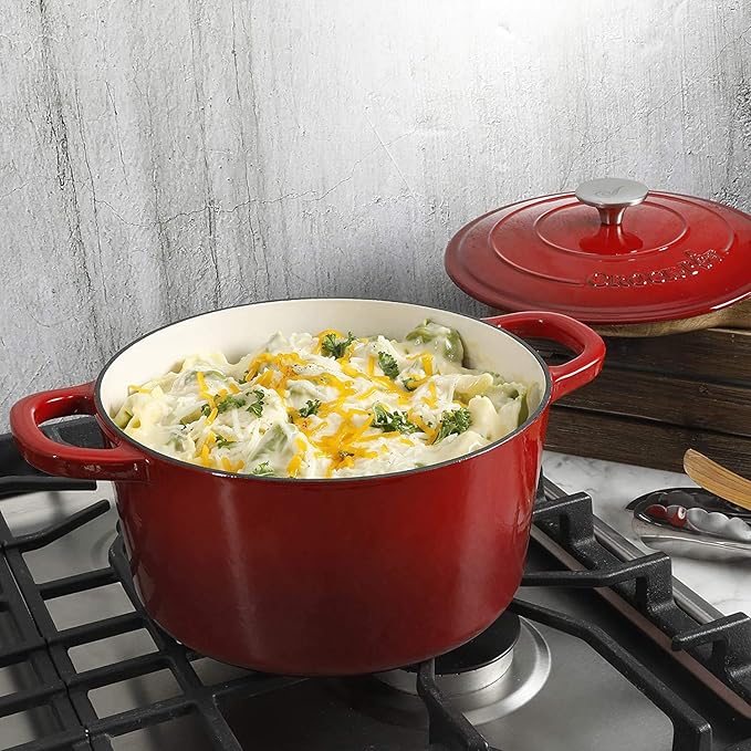 Crock-Pot Artisan 3-Quart Round Enameled Cast Iron Dutch Oven – Gradient Red, Durable Heavy-Duty Cookware for Slow Cooking, Roasting, Baking with Lid