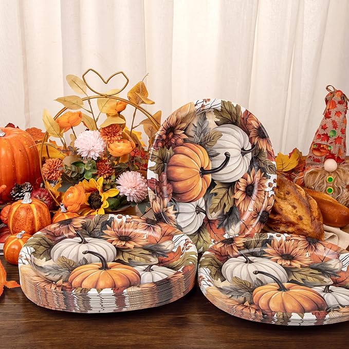 WDF 50Pack Thanksgiving Paper Plates - 10" x 12" Heavy Duty Pumpkin Paper Plates Disposable for Thanksgiving/Fall Party