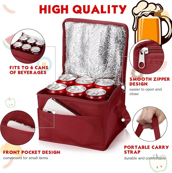 Nuogo 15 Pack Insulated Lunch Bags Bulk, Reusable Cooler Boxes, Leakproof Lunch Boxes Set, Waterproof Thermal Coolers, Insulated Beverage Bag for Women Men Work Picnic Beach(Wine Red)