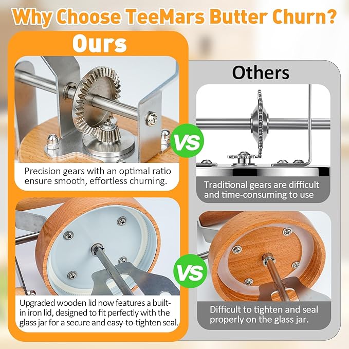 TeeMars Butter Churner - Upgraded Hand Crank Mason Jar Churn Kit, 34oz Manual Maker with 14 Recipe, Paddle, Mold with Lid, Cheese Cloth & Anti-slip Mat, Homemade Butter in 15Min