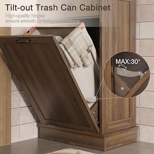KIGOTY Tilt Out Trash Can Cabinet Trash Bin Cabinet with Hideaway Drawer Hidden Wooden Kitchen Garbage Can, Pet Proof Trash Can Holder for Kitchen (Brown)