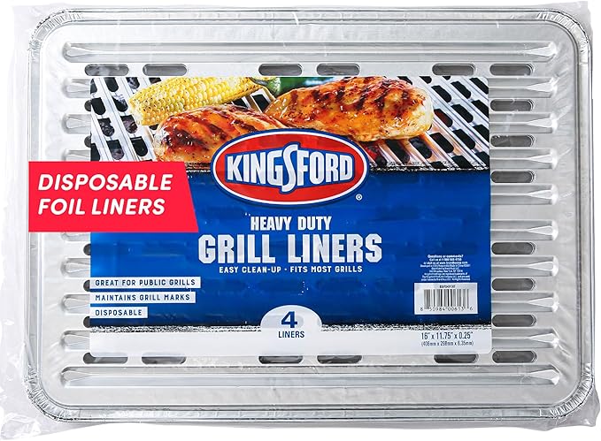 Kingsford Disposable Grill Liners, Heavy Duty Aluminum Foil Grill Toppers for Outdoor BBQ Grills, Helps Prevent Food and Sauce Falling Through Grates, 16 x 11.75 in, 4 Count