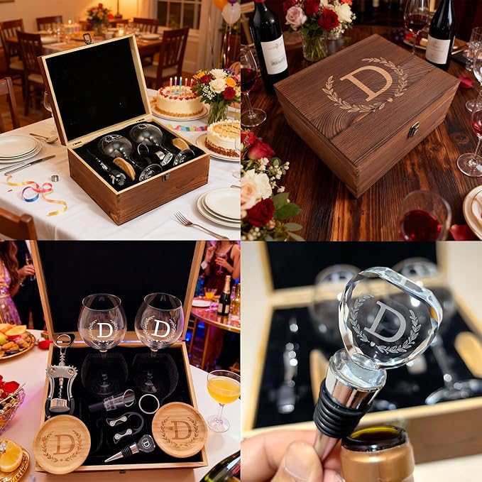 GZLDGIFTS Personalized Initial Wine Glasses Box Gift Set For Women Mom Engraved Birthday Monogrammed Wooden Christmas Gifts Wedding Anniversary Wine Couples Stopper Opener Initial Letterr (C Set)