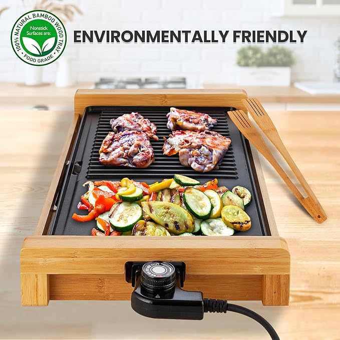 NutriChef 2 In 1 Indoor Grill & Griddle, Smokeless Nonstick Electric Grill and Griddle with Wooden Thong, 250 - 460°F Adjustable Temperature