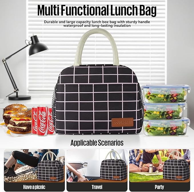 douyadady Lunch Bag Women/Men Lunch Box Women/Men (Black+Pink Blocks)