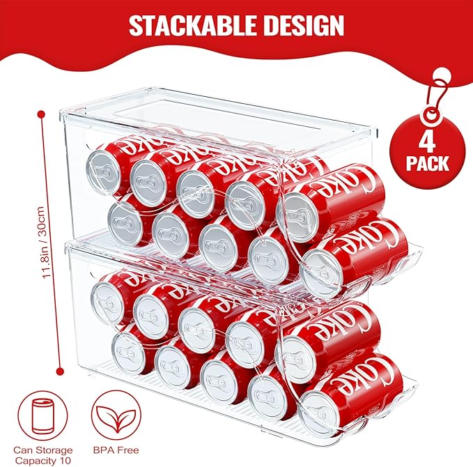 SCAVATA 4 Pack Stackable Refrigerator Organizer, Soda Can Dispenser Pop Cans Container Beverage Holder with Lid for Fridge, Freezer, Kitchen, Clear Plastic Storage Bins-Holds 10 Cans Each