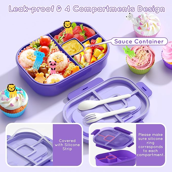 Lunch Box Kids Adult Bento Box Bento-Style Lunch Box 1300ml Ideal Portion Size Leak Proof for Teens Toddlers, BPA Free Lunchbox Containers for School Work Picnic (Purple)
