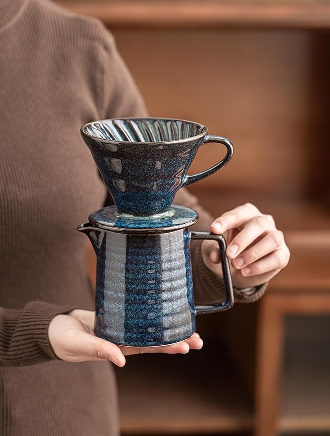 Pour Over Coffee Maker,Ceramic Coffee Maker With 40 pcs Paper Filter，15oz/450ml Pour Over Coffee Dripper (Starry Blue, V02)
