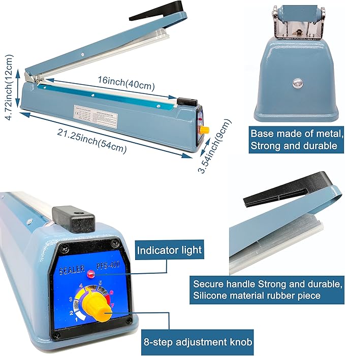 Impulse Heat Sealer 16 Inch Mylar Bag Sealer Heat Seal Machine, 110v Manual Heat Sealer for Plastic/Poly/Cookie Bags, 8 Replacement Parts & Teflon Cloth Strip(2 Round Cutter Lines Included)
