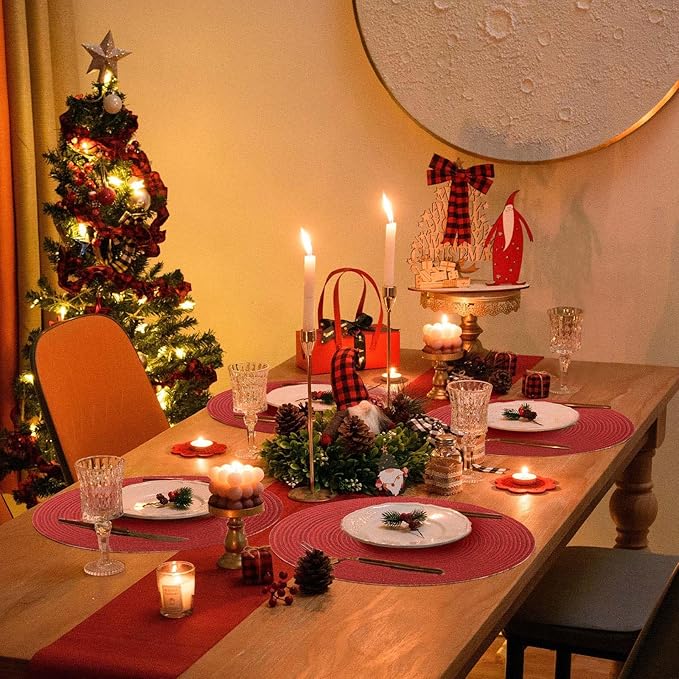 FunWheat Round Placemats Set of 6 Table Mats for Dining Tables Washable Non-Slip Place mats 15 Inch for Christmas(Red Shine)