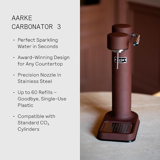 Aarke Carbonator lll, Sparkling & Carbonation Water Machine, Stainless Steel with PET BPA-Free Reusable Bottle Volume 1L/34 fl oz (Burgundy)