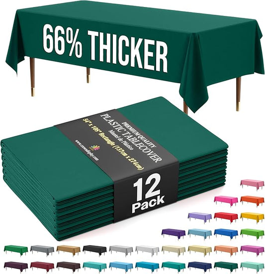 Exquisite 66% Thicker Premium Plastic Table Cloth Rectangle Table Cover 0.5 Mil 12 Pack Dark Green Table Cloth 54 Inch x 108 Inch Disposable Tablecloth Won't Tear Easily Like Cheap Thin Brands