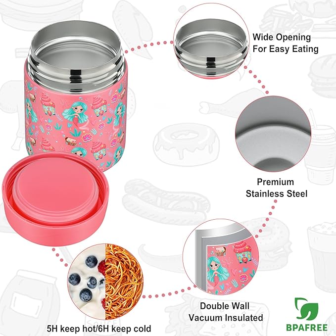 Itslife Bento Lunch Box Set for Kids with 12oz Soup Thermo&Lunch Bag, Leak-Proof Lunch Food Containers for Kids School, 5 Compartment, Sauce Cup, 10 Notes (Mermaids Pink)