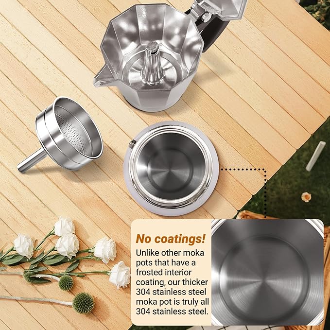 No Coating 4 Cup Aluminum and Stainless Steel Moka Pot Stovetop Espresso Maker Italian Coffee Machine 220ml 7.44oz Suitable for Gas Induction Stovetop Greca Coffee Maker Percolator Silver