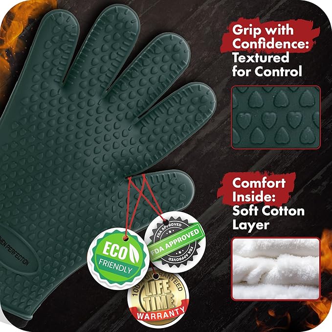 KITCHEN PERFECTION Silicone Smoker Oven Gloves -Extreme Heat Resistant BBQ Gloves -Handle Hot Food Right on Your Smoker Grill Fryer Pit|Waterproof Oven Mitts Grill Gloves |Superior Value Set+3 Bonuses