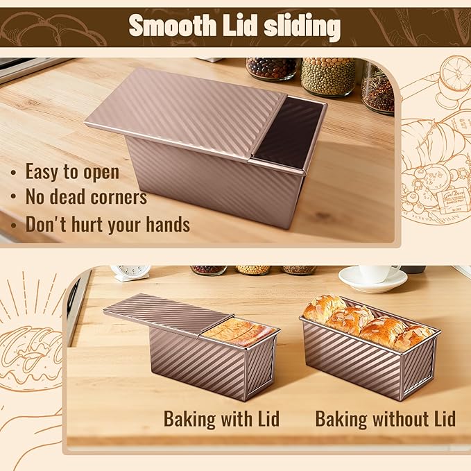 3 Pack Pullman Loaf Pans with Lids, 2.2LB 1LB 0.5LB Bread Pans, Non-stick Carbon Steel Bread Pans for Homemade Sandwich and Baking Sourdough Bread, Corrugated Toast Mold, Golden